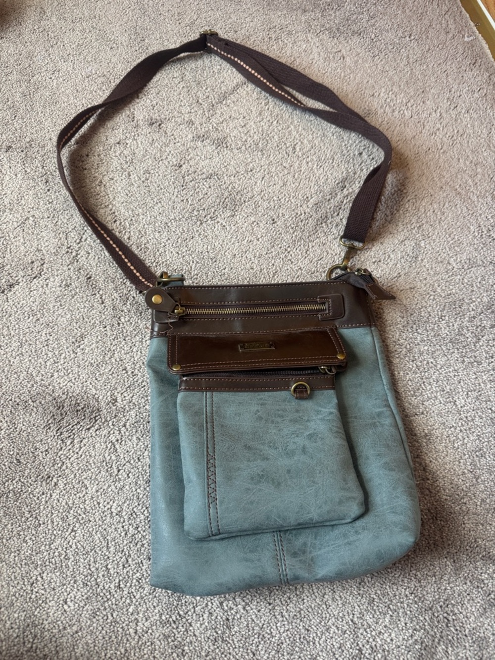 Chala Blue Brown Vegan Leather Crossbody Bag Multi Pocket Boho Purse